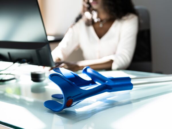 Woman behind desk talking on phone, with crutches on desk